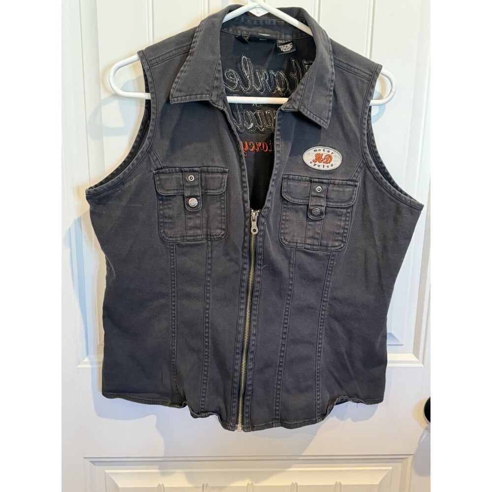 Harley Davidson Women XL Black Denim Vest Embroidered Logo Zip Biker Stretch